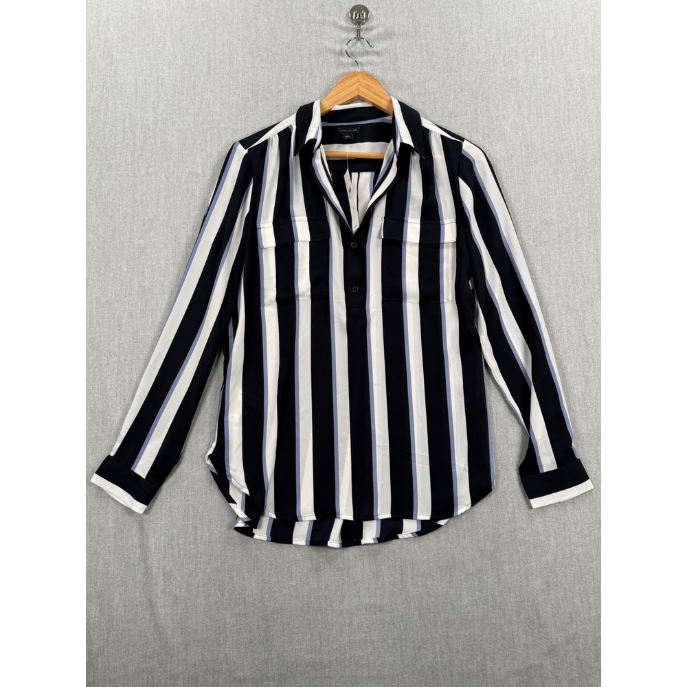 Ann Taylor Navy White Striped Long Sleeve Button Front Tunic Top Small NWT